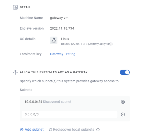 System detail pane with gateway enabled